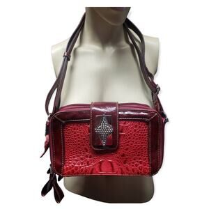 MC Red Faux Leather Adjustable Strap Multi Compartment Wallet Crossbody  Purse
